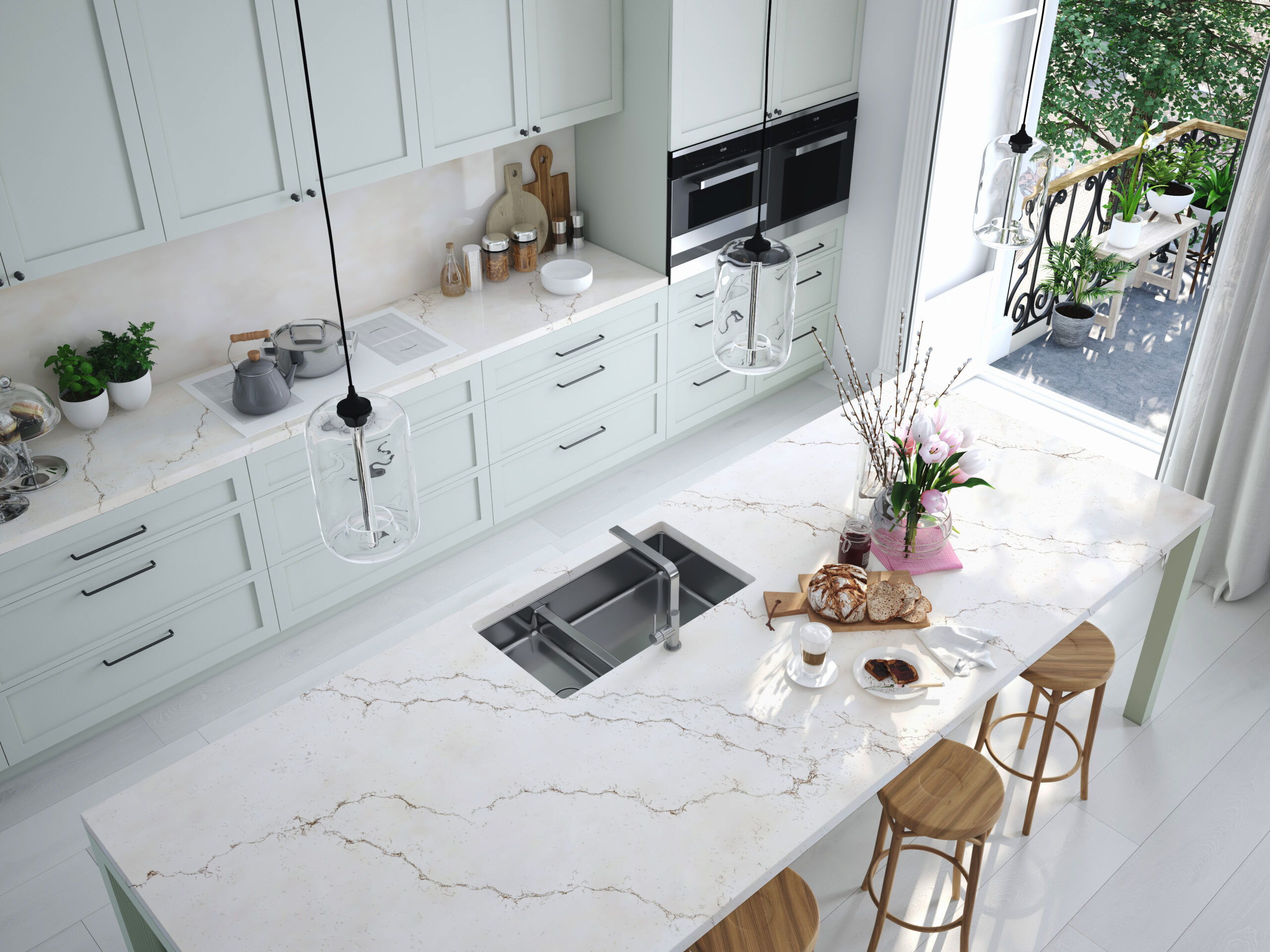 Top view modern nordic kitchen in loft apartment. 3d rendering